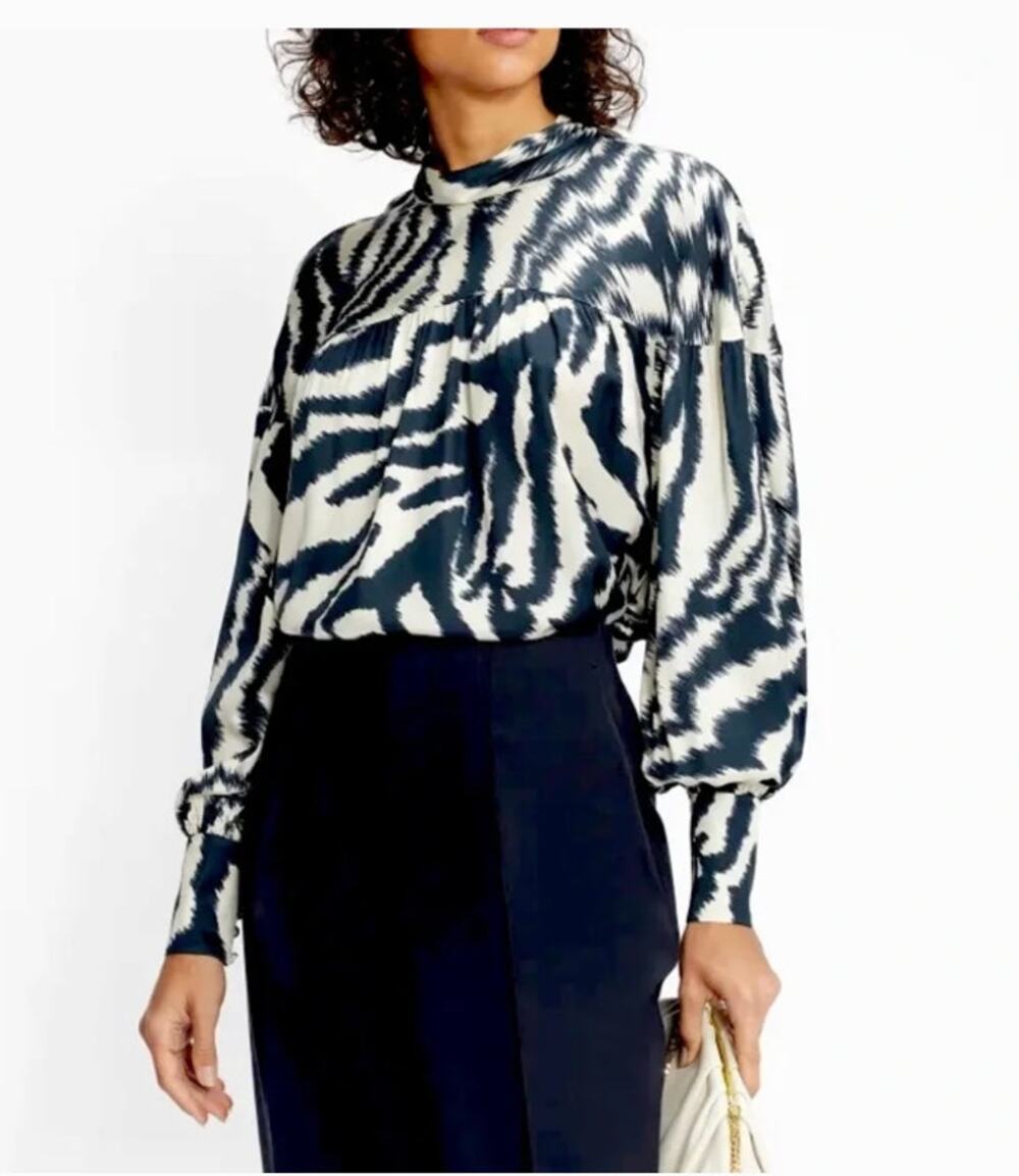 Ted Baker Zebra Print Blouse Mock Neck Button Cuff Back Keyhole Top sz 2 (10)